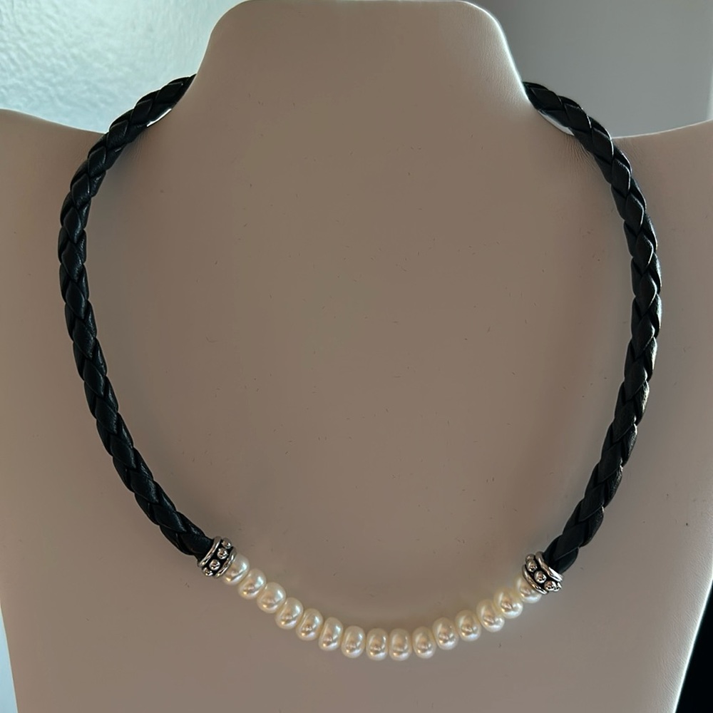 Honora pearl/black leather and silver necklace